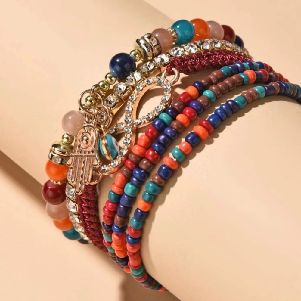 Bohemian bead bracelets 6 pcs with hamsa hand charm